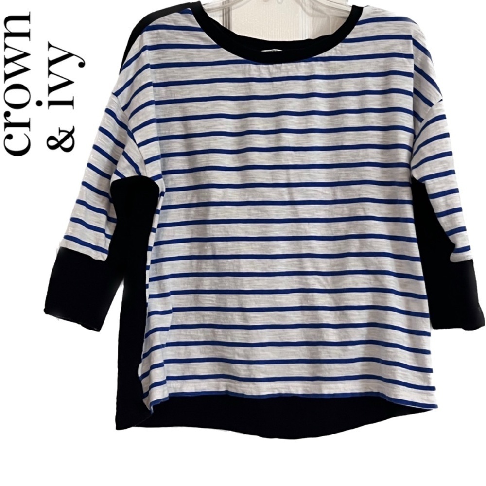 Crown & Ivy blue, and white stripe 3/4 sleeve shirt size PL